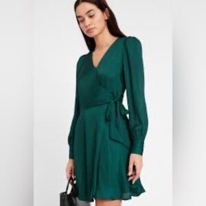 Banana Republic Emerald Green Satin Puff Sleeve Wrap Dress